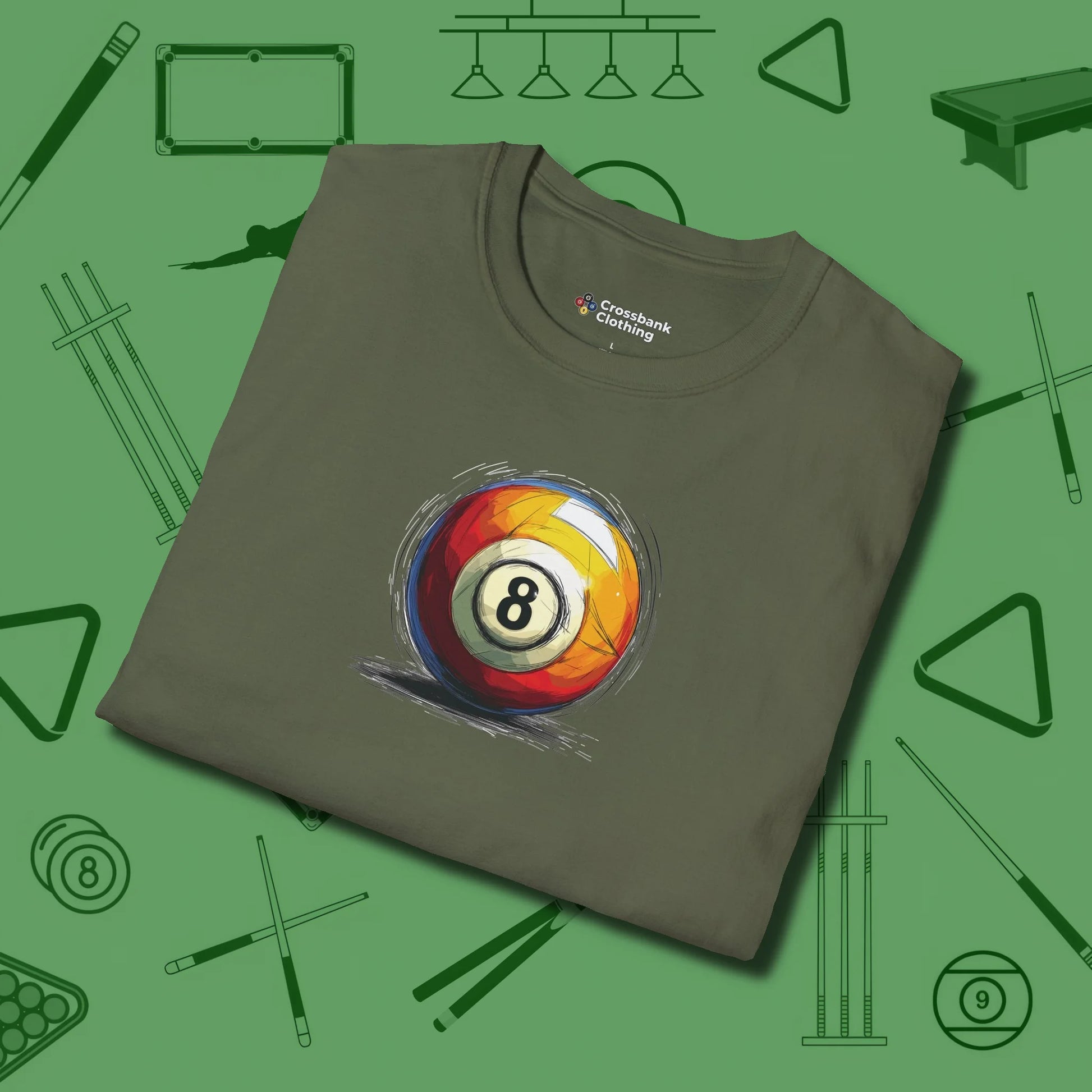 Eight Ball Sketch T-Shirt, folded view, in Military Green the official uniform of the after-hours crew