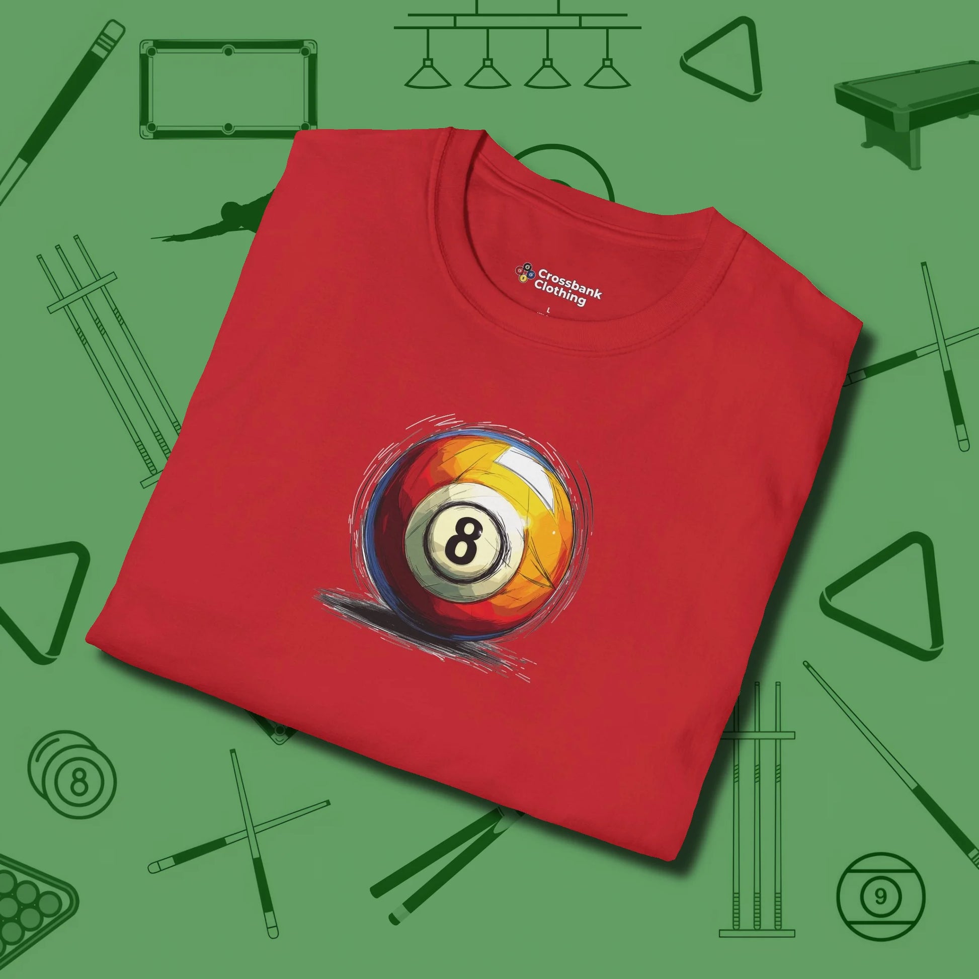 Eight Ball Sketch T-Shirt, folded view, in Red because you don’t just play — you represent