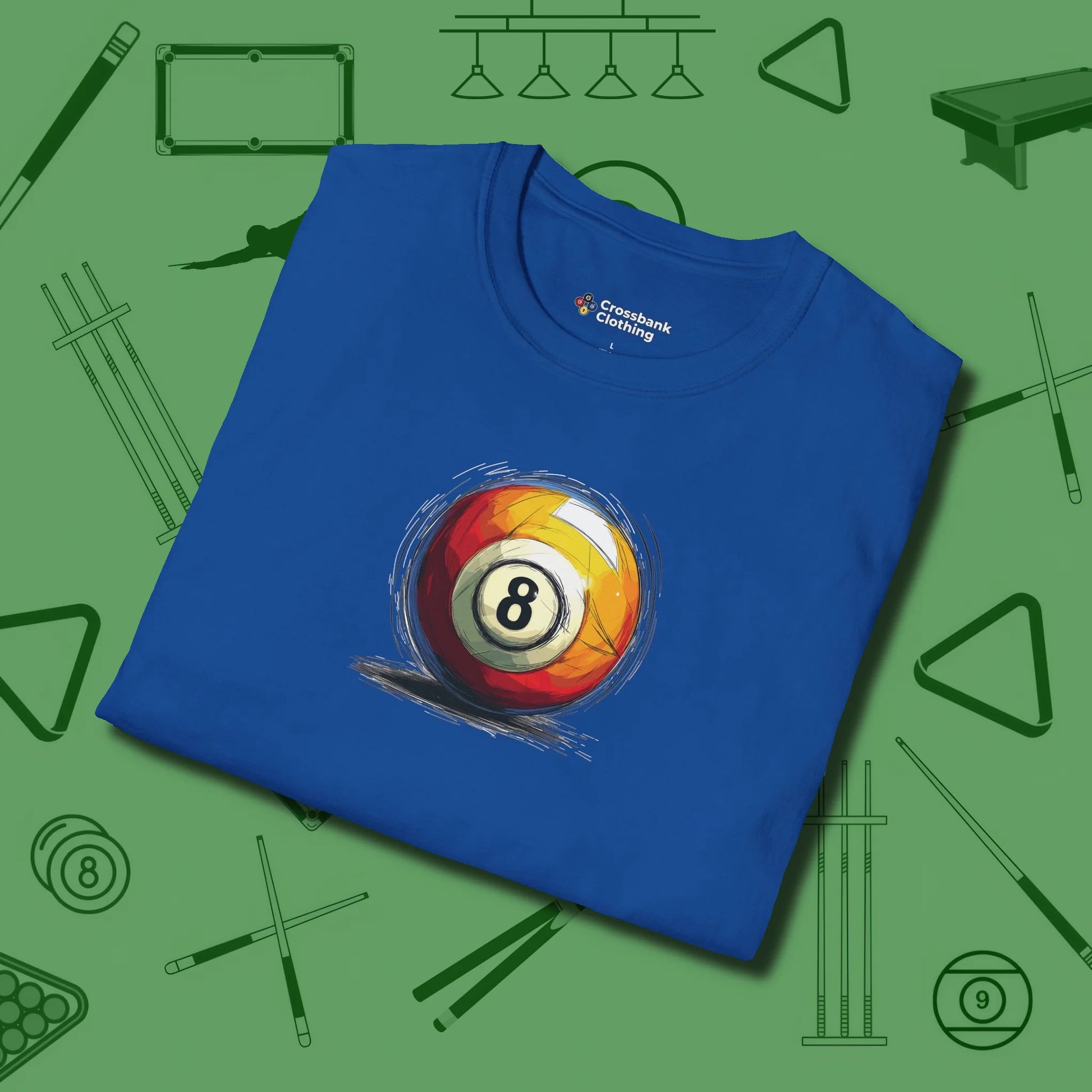 Eight Ball Sketch T-Shirt, folded view, in Royal like your stroke — smooth and deliberate