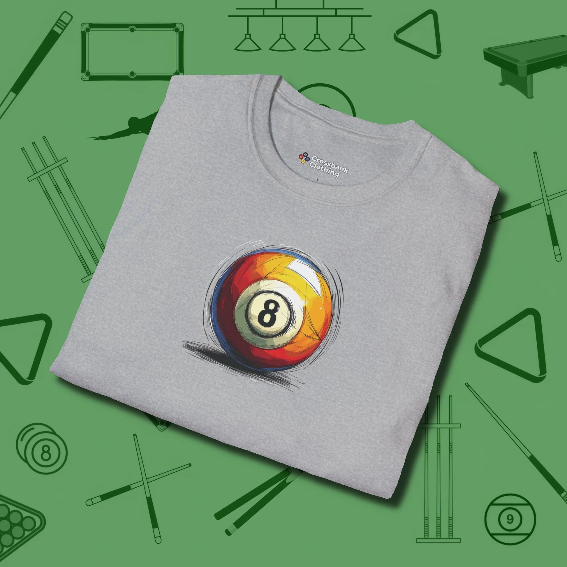 Eight Ball Sketch T-Shirt, folded view, in Sport Grey confidence stitched in every seam