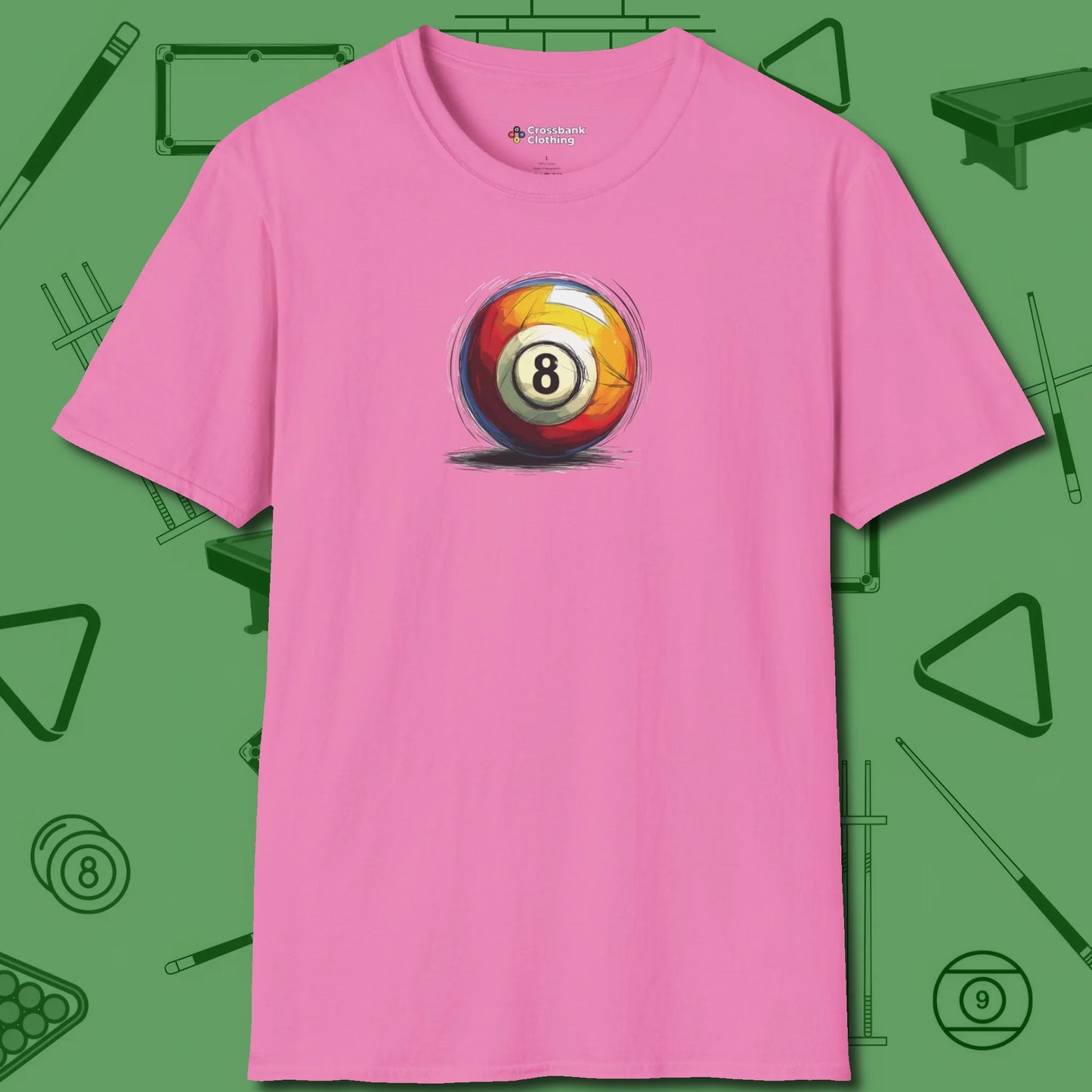 Eight Ball Sketch T-Shirt, front view, in Azalea stitched for cue discipline and cool confidence