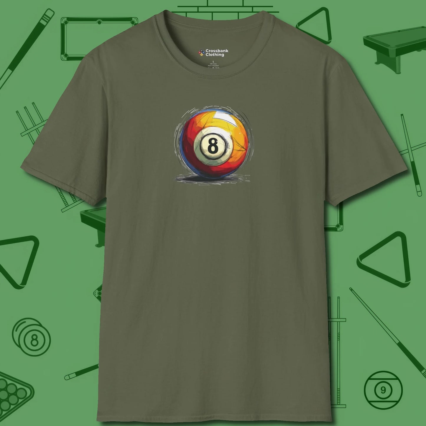 Eight Ball Sketch T-Shirt, front view, in Military Green a clean fit for the dirtiest safeties
