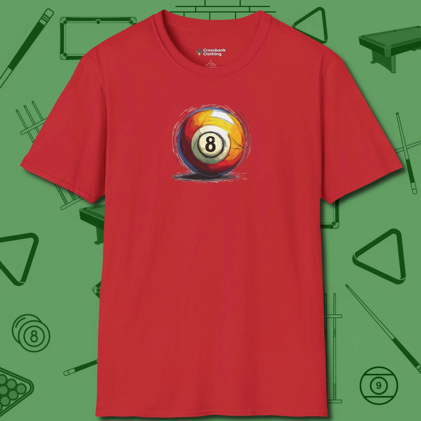 Eight Ball Sketch T-Shirt, front view, in Red what champions wear between racks