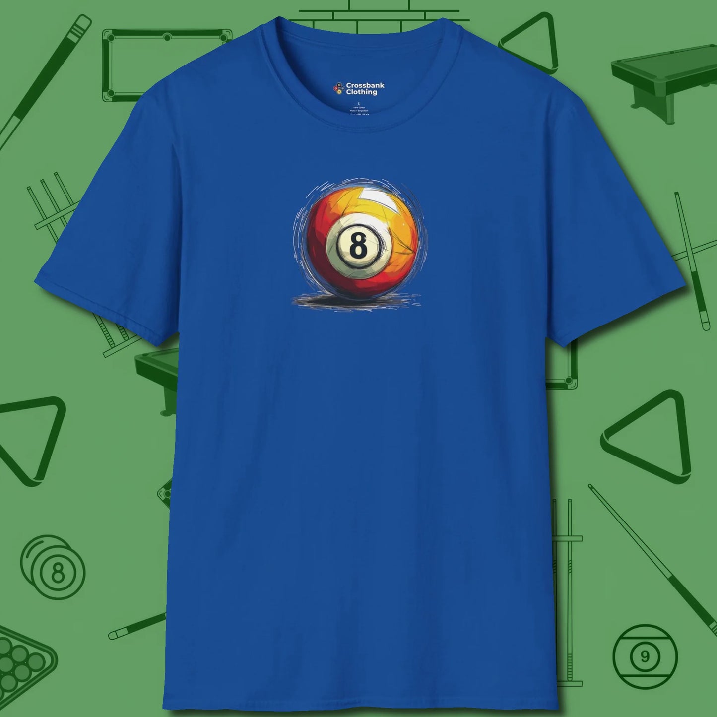 Eight Ball Sketch T-Shirt, front view, in Royal cue sports swagger done right