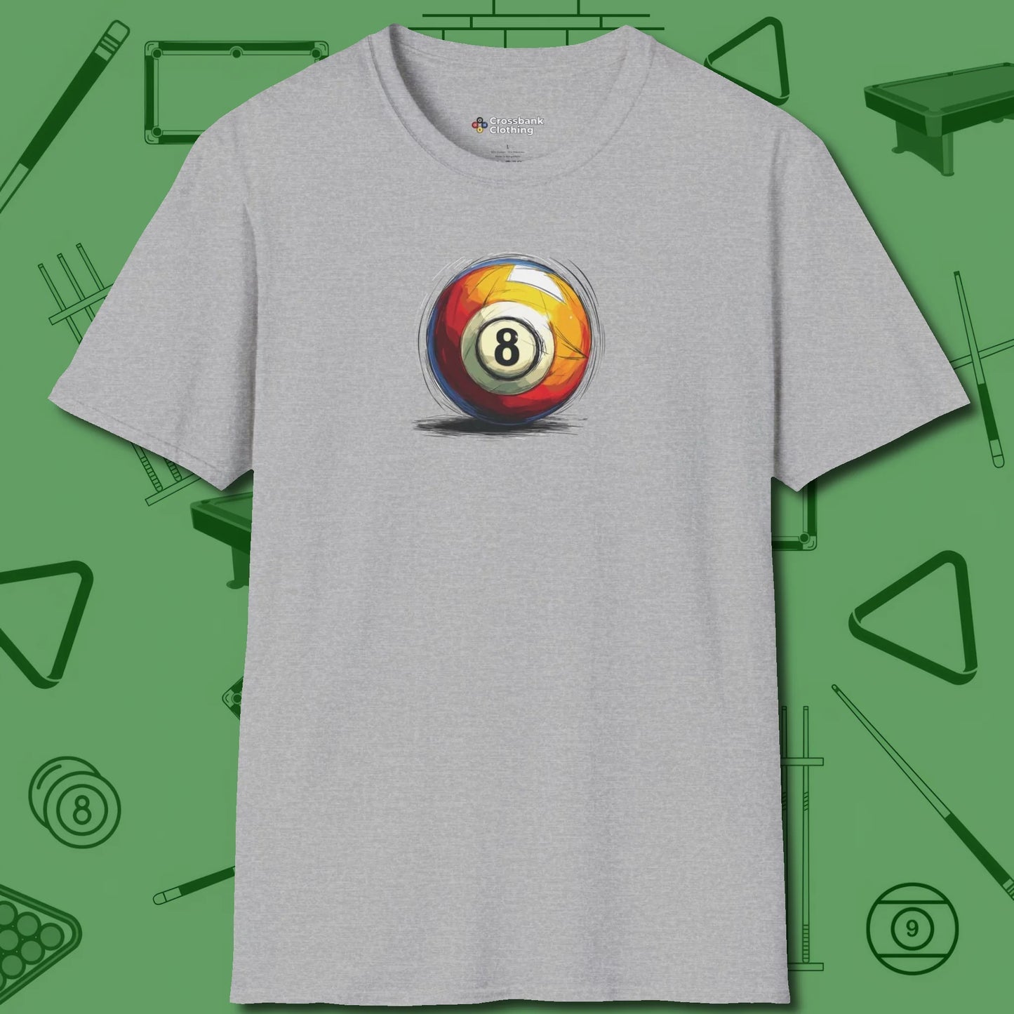 Eight Ball Sketch T-Shirt, front view, in Sport Grey classic cue style, no gimmicks