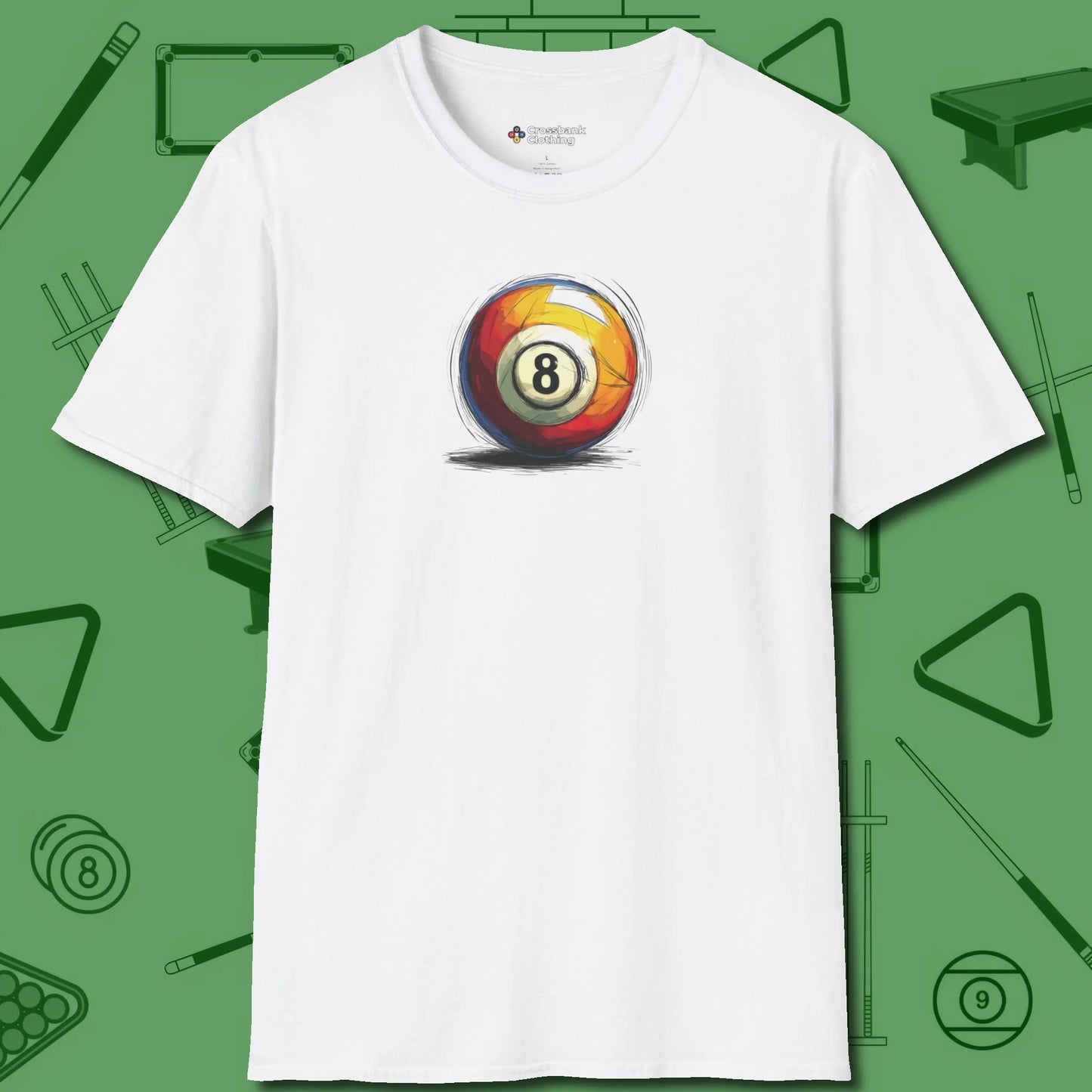 Eight Ball Sketch T-Shirt, front view, in White look good while calling your pocket