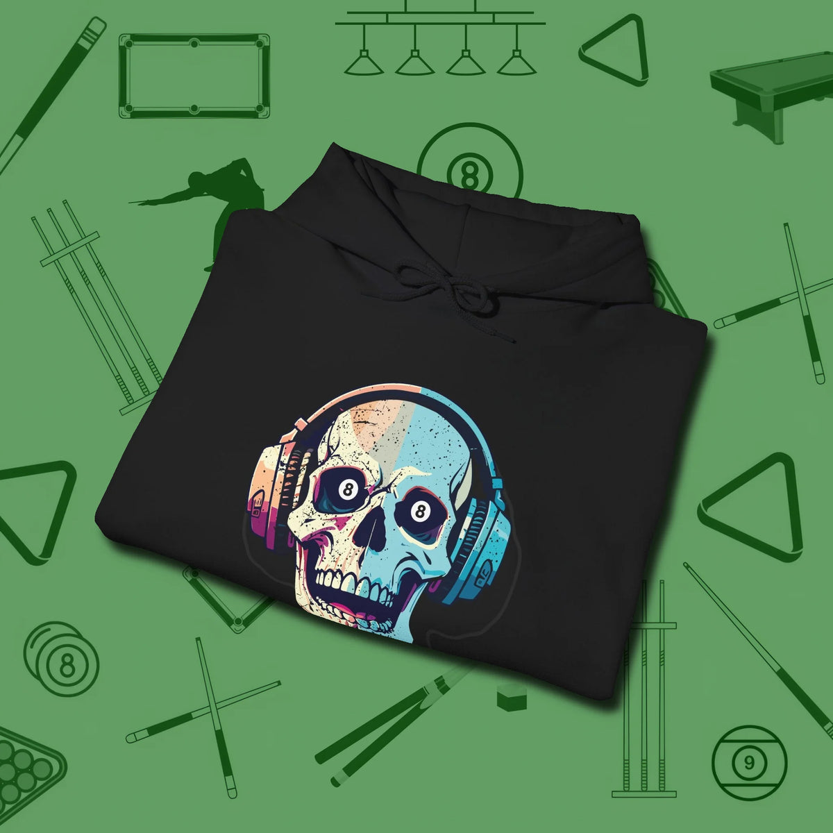 Eight Ball Skull Hoodie, folded view, in Black attitude built for the long haul