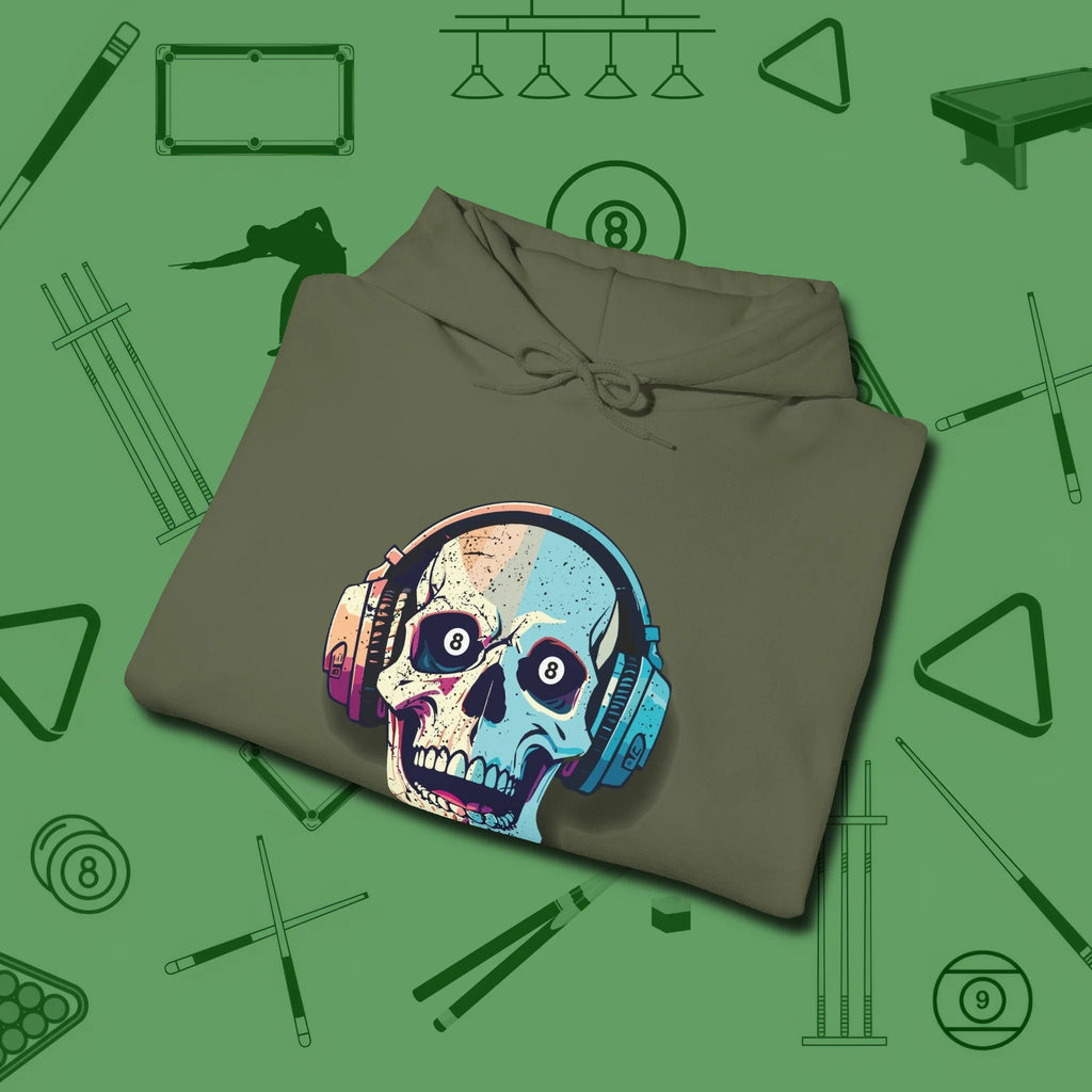 Eight Ball Skull Hoodie, folded view, in Military Green your go-to shirt for league night victories
