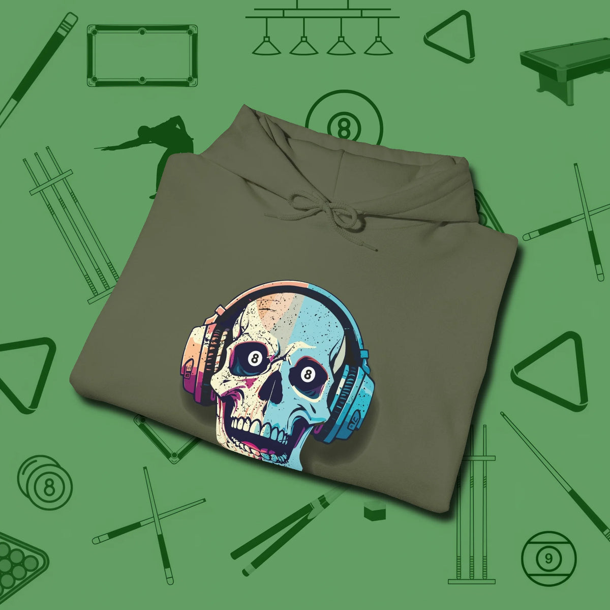 Eight Ball Skull Hoodie, folded view, in Military Green your go-to shirt for league night victories