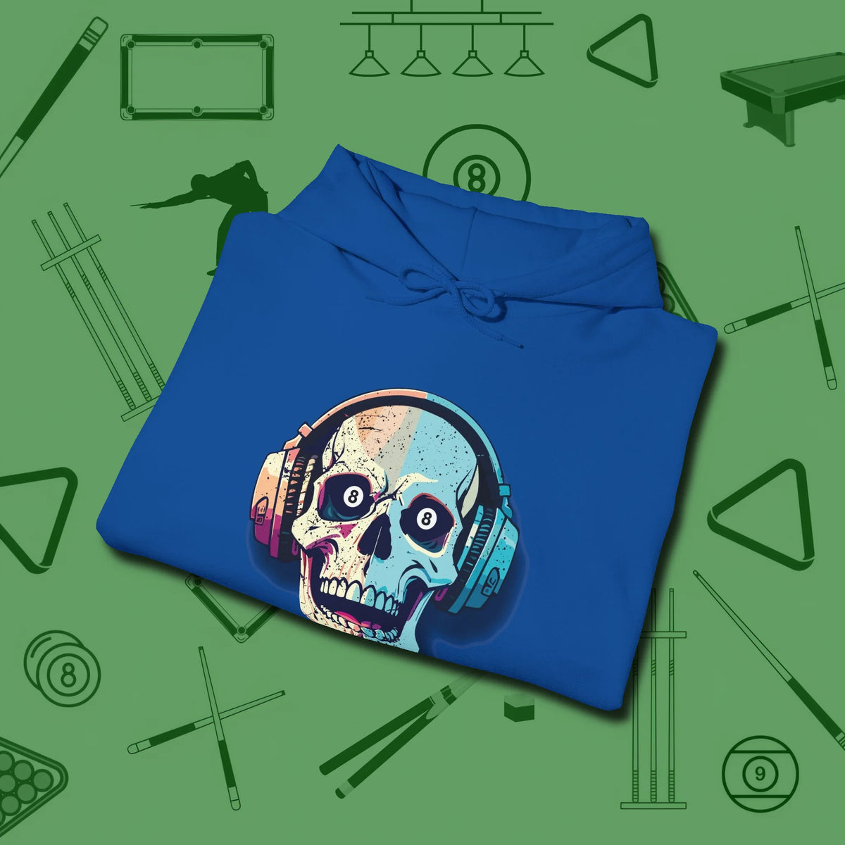 Eight Ball Skull Hoodie, folded view, in Royal make every shot — and outfit — count