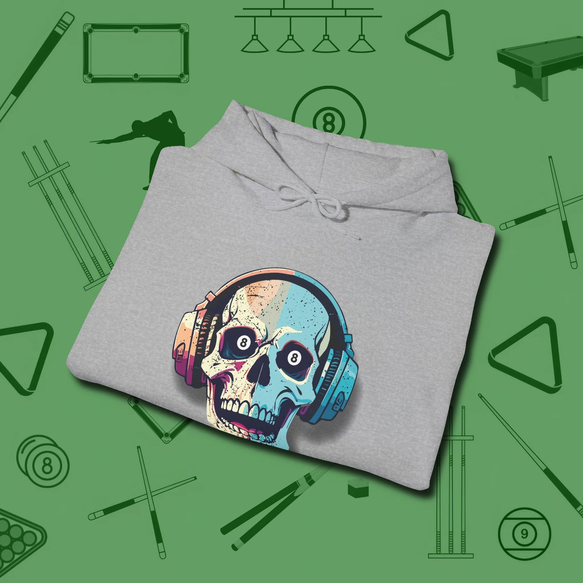 Eight Ball Skull Hoodie, folded view, in Sport Grey perfect for players with quiet fire