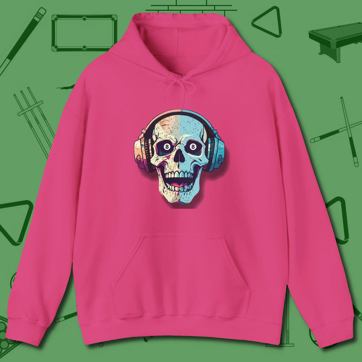 Eight Ball Skull Hoodie, front view, in Heliconia for shooters who dress like they play: sharp