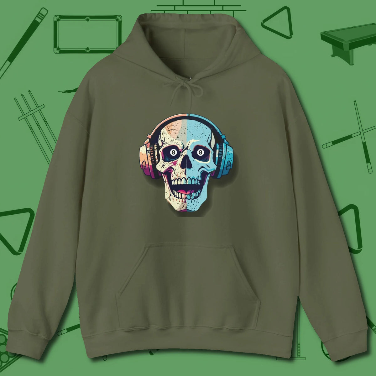 Eight Ball Skull Hoodie, front view, in Military Green ideal for clean hits and clean fits