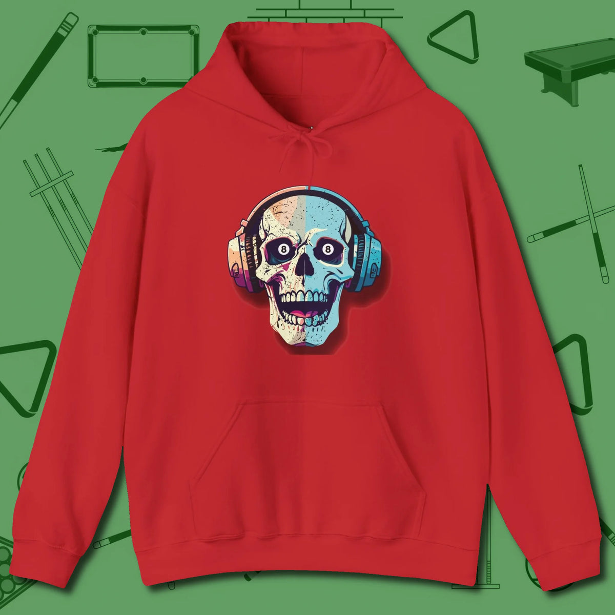Eight Ball Skull Hoodie, front view, in Red cool under pressure, hot on the eyes