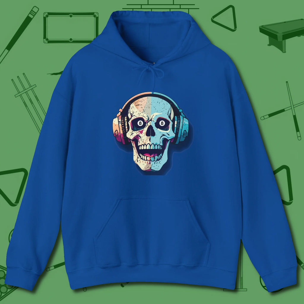Eight Ball Skull Hoodie, front view, in Royal smart enough for the felt and the street