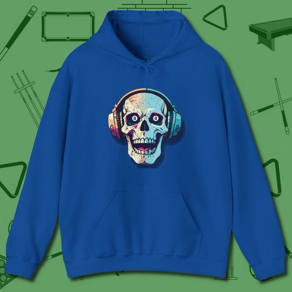 Eight Ball Skull Hoodie, front view, in Royal smart enough for the felt and the street