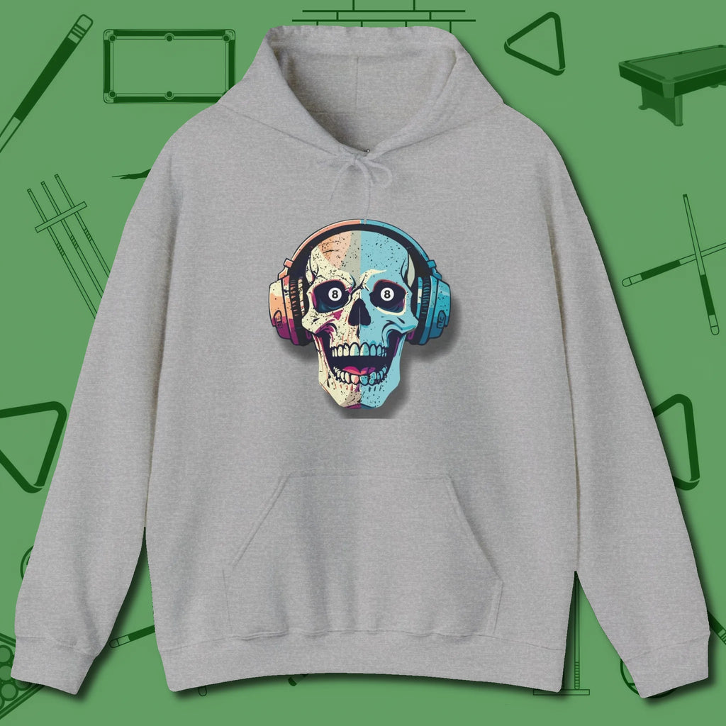 Eight Ball Skull Hoodie, front view, in Sport Grey precise, confident, always in control