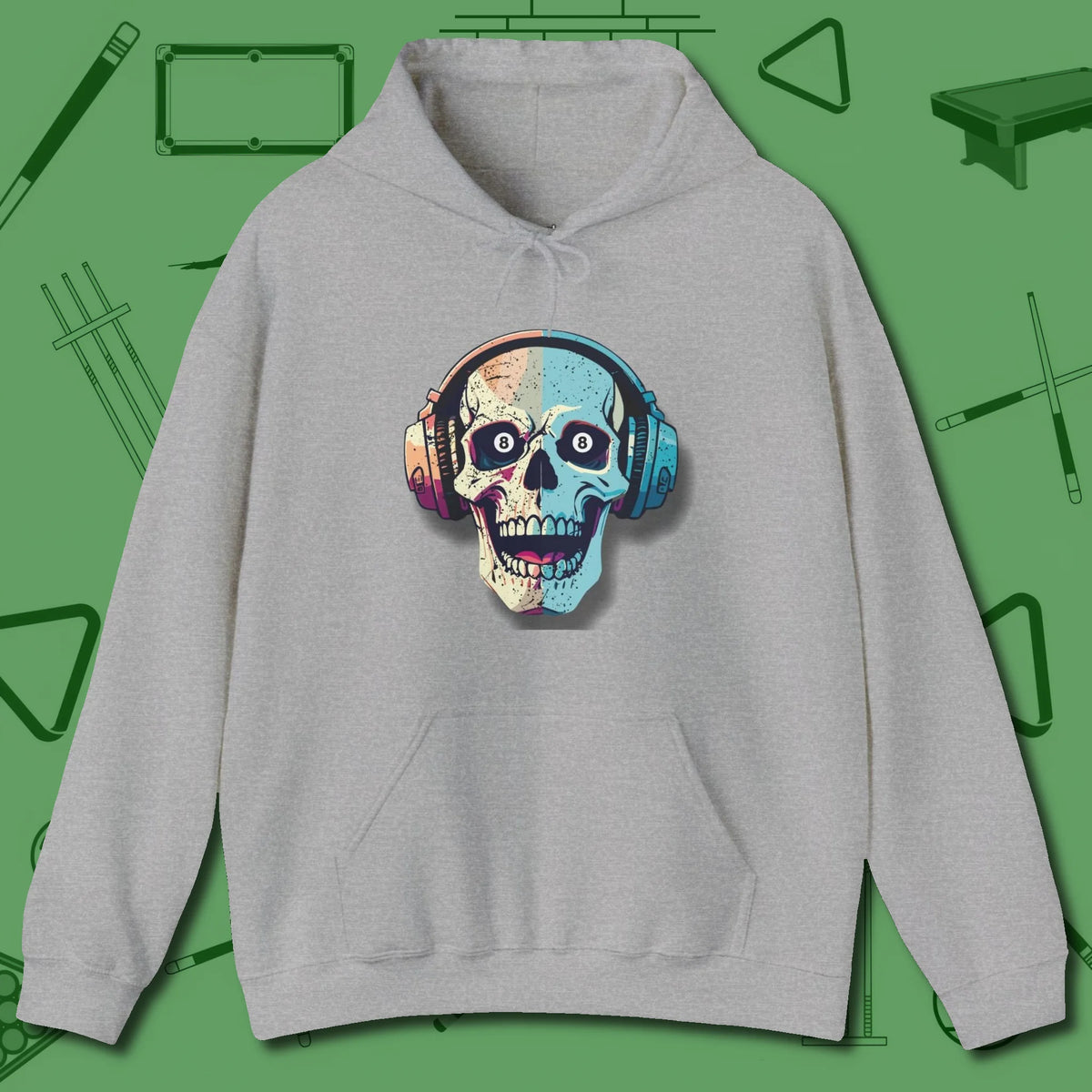 Eight Ball Skull Hoodie, front view, in Sport Grey precise, confident, always in control