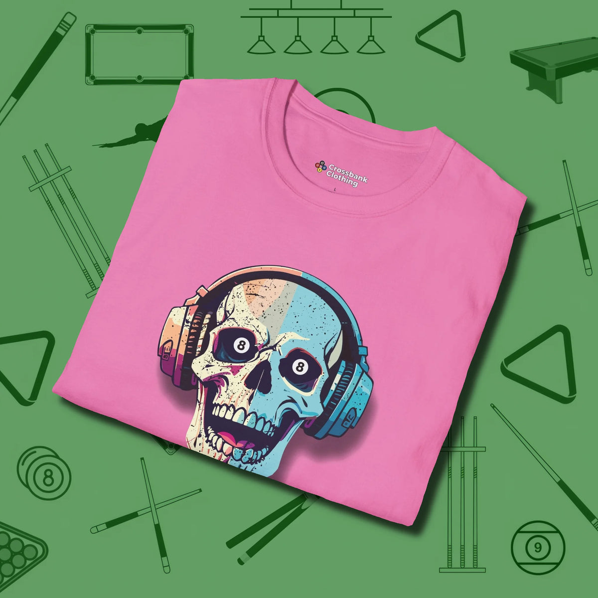 Eight Ball Skull T-Shirt, folded view, in Azalea helps your stroke and your style