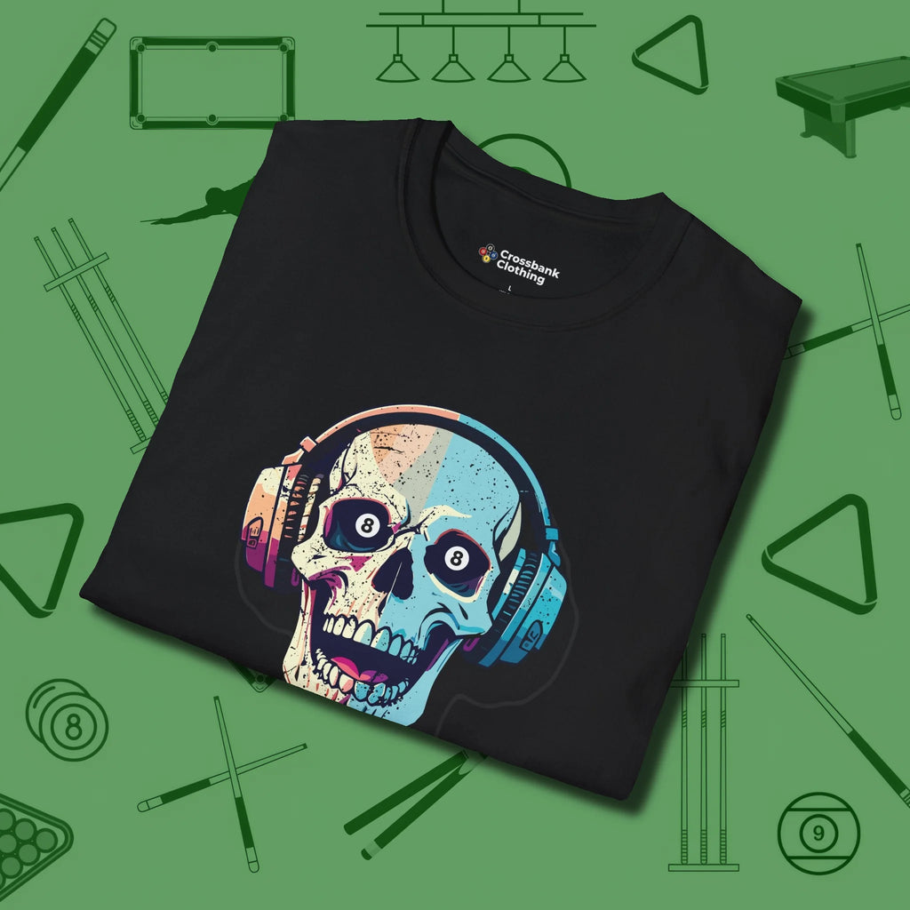 Eight Ball Skull T-Shirt, folded view, in Black style that banks as hard as you do