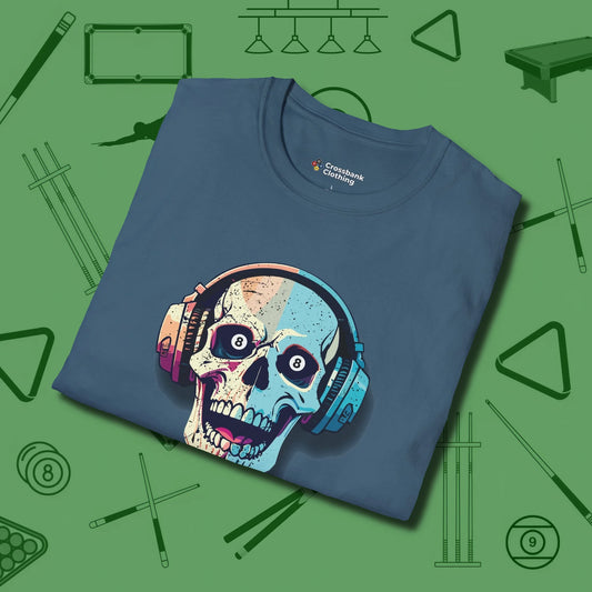 Eight Ball Skull T-Shirt, folded view, in Indigo Blue what champions wear between racks
