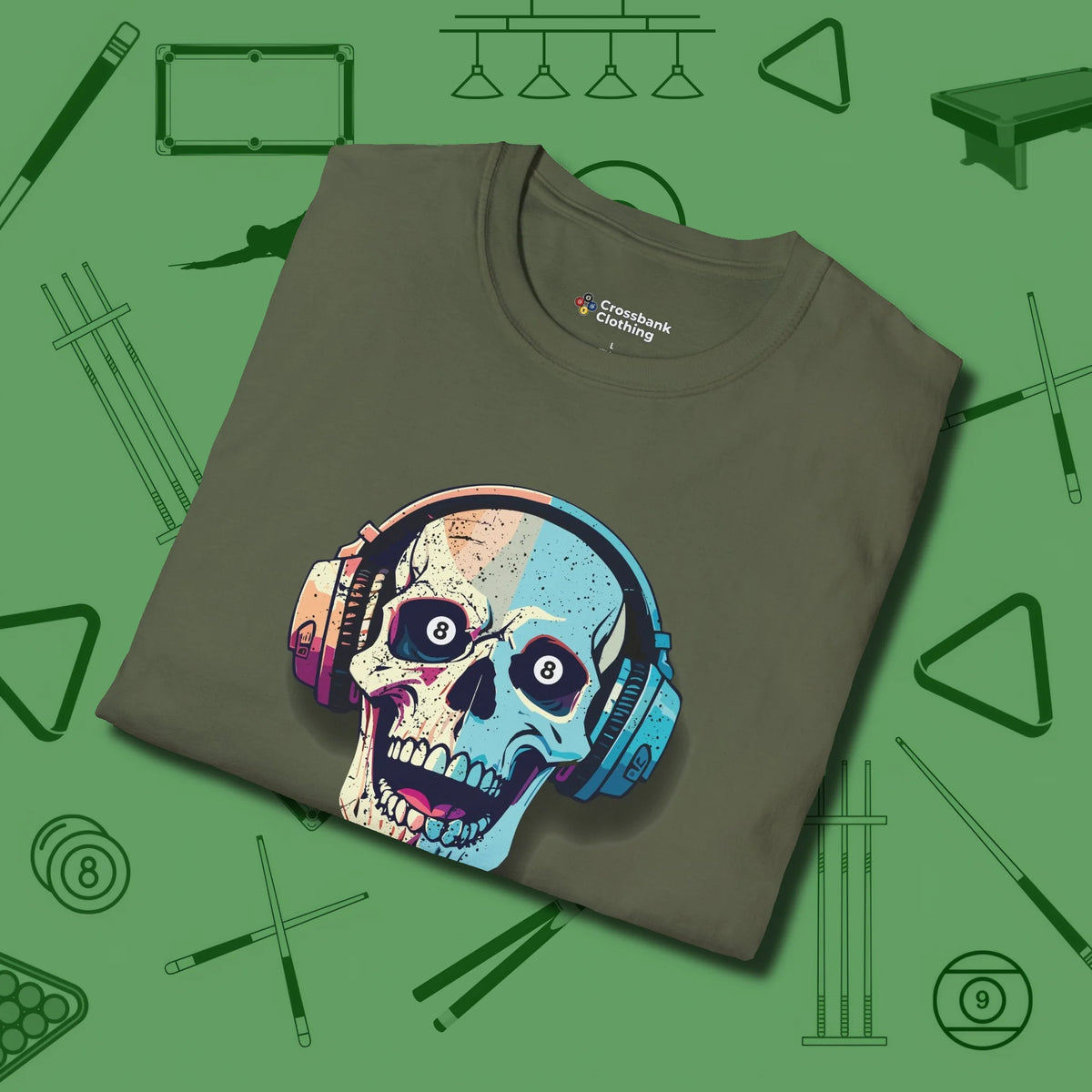 Eight Ball Skull T-Shirt, folded view, in Military Green designed for dead stroke and deadpan looks