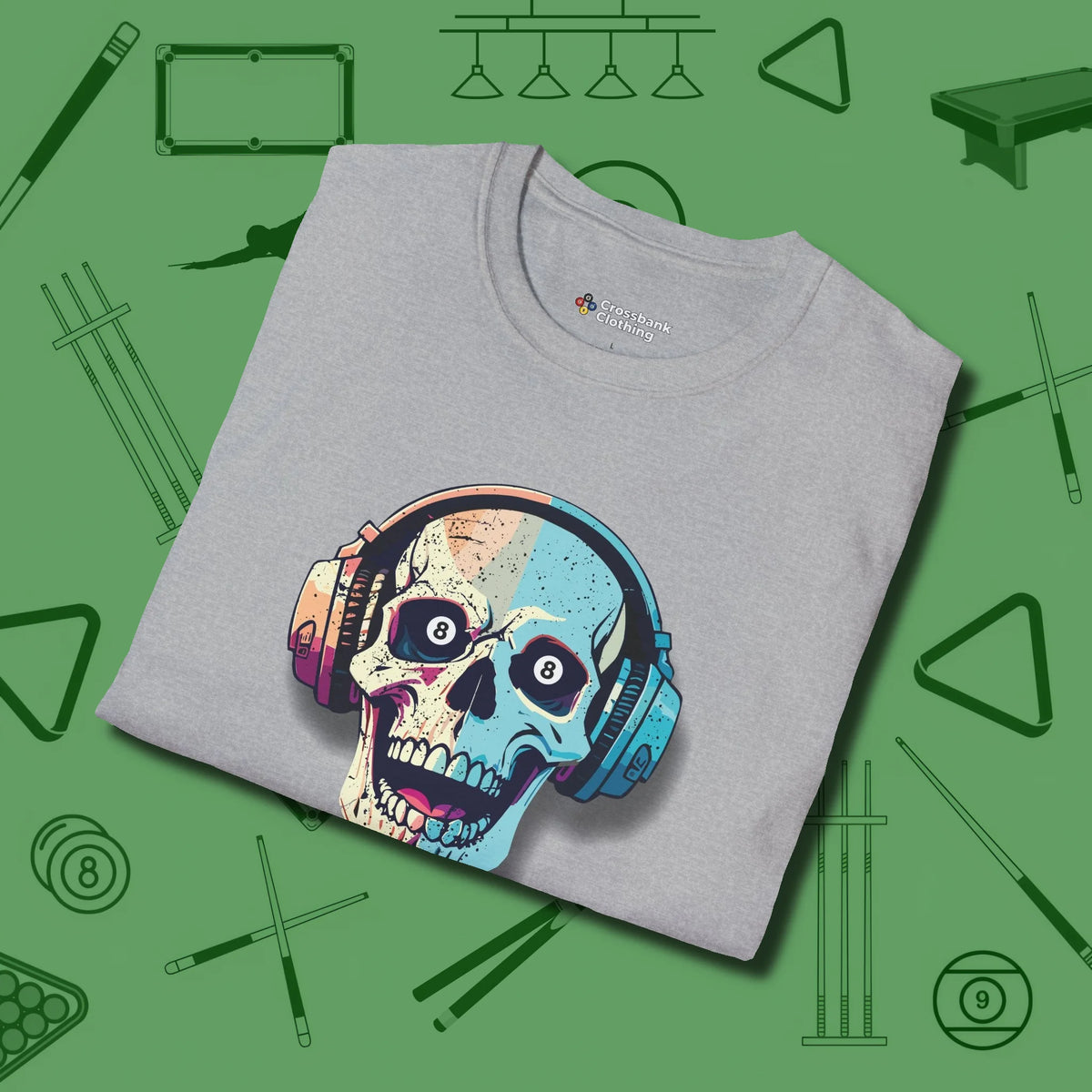 Eight Ball Skull T-Shirt, folded view, in Sport Grey style that banks as hard as you do