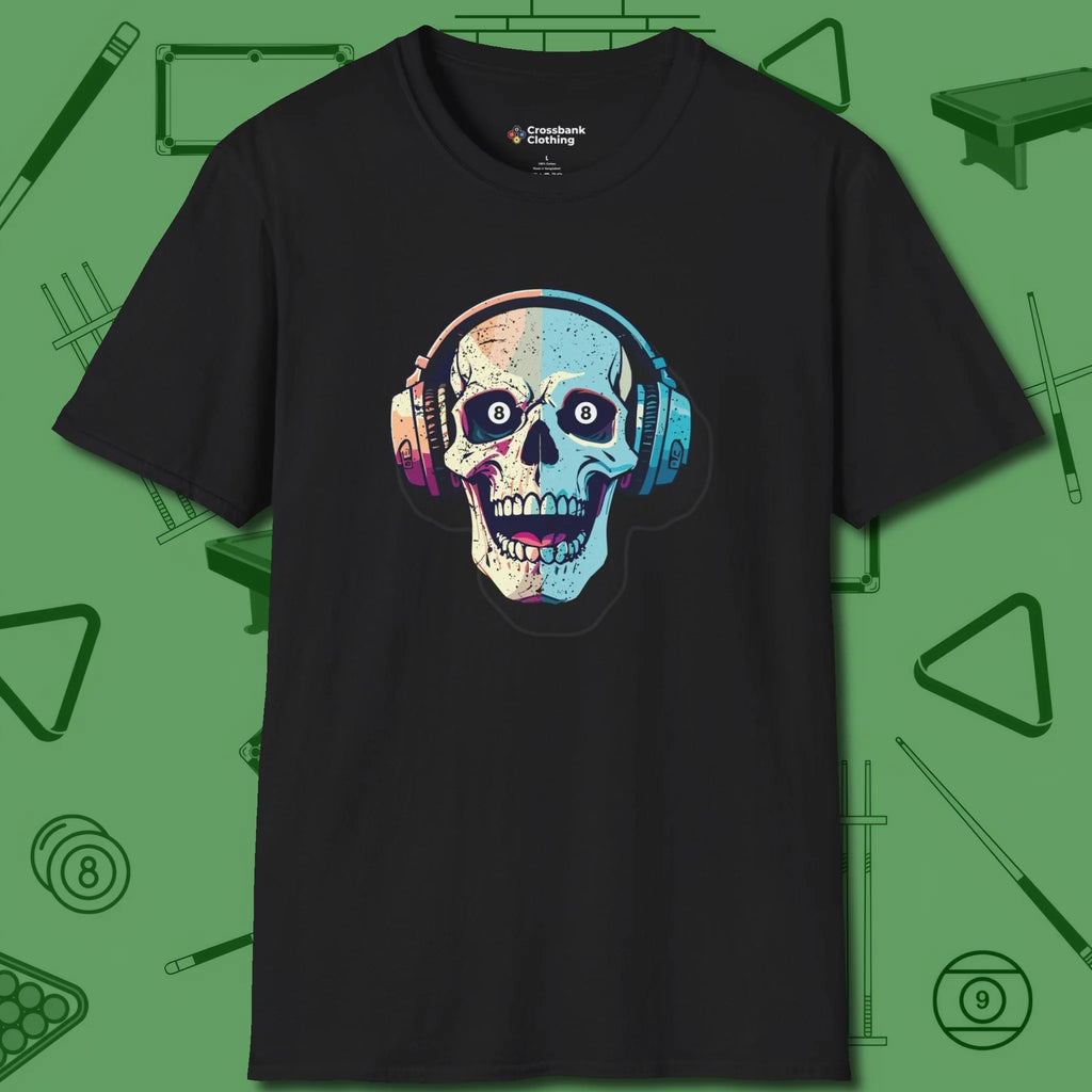 Eight Ball Skull T-Shirt, front view, in Black cool enough for a corner pocket finish