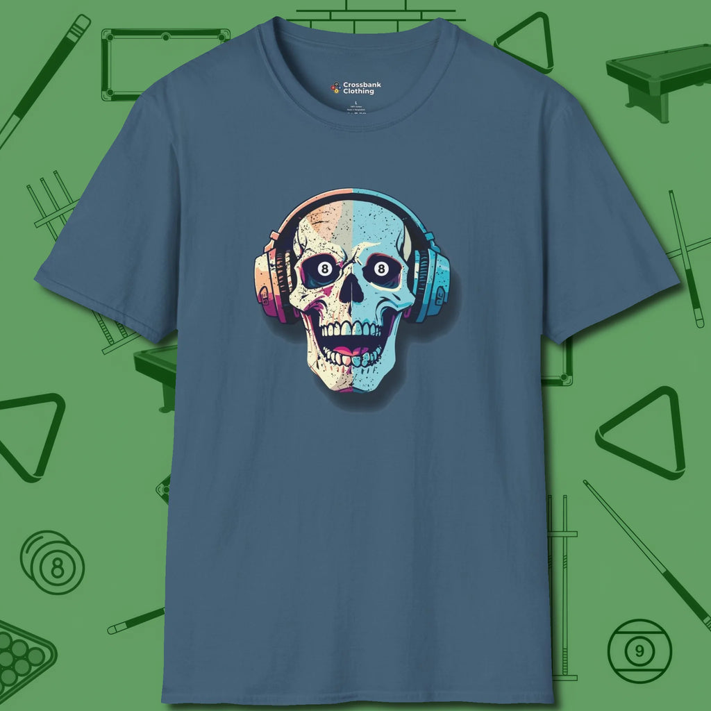 Eight Ball Skull T-Shirt, front view, in Indigo Blue your secret weapon off the table