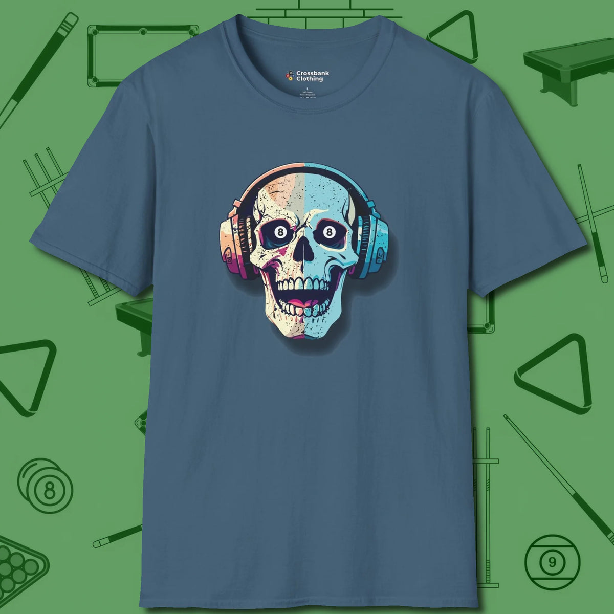Eight Ball Skull T-Shirt, front view, in Indigo Blue your secret weapon off the table