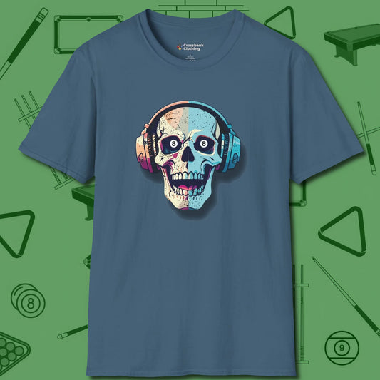 Eight Ball Skull T-Shirt, front view, in Indigo Blue your secret weapon off the table