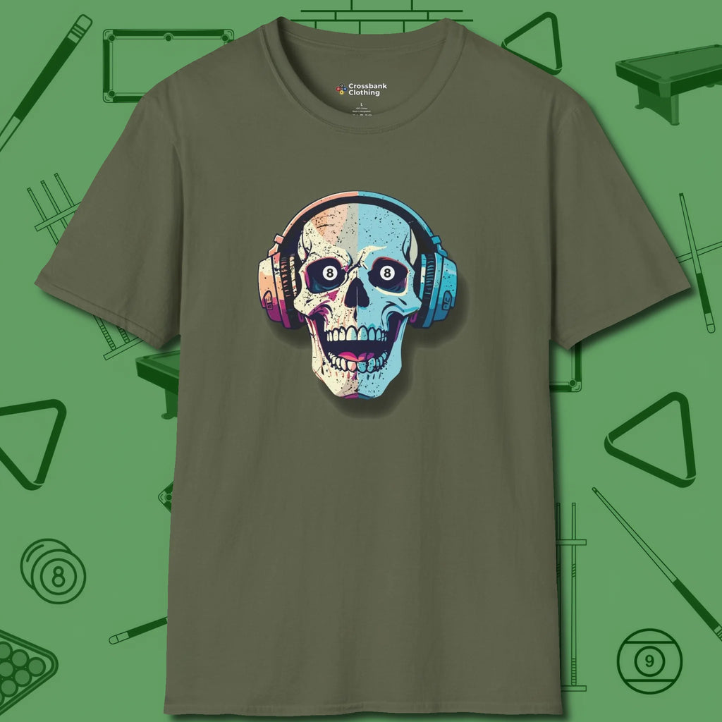 Eight Ball Skull T-Shirt, front view, in Military Green earns respect before the first shot