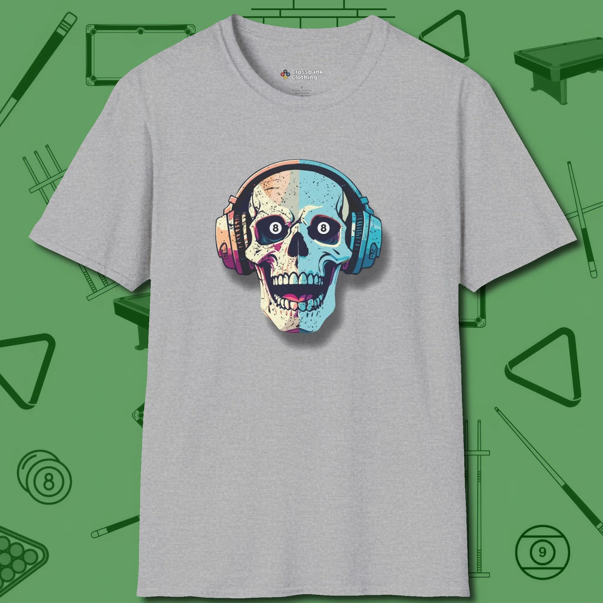 Eight Ball Skull T-Shirt, front view, in Sport Grey cue sports swagger done right