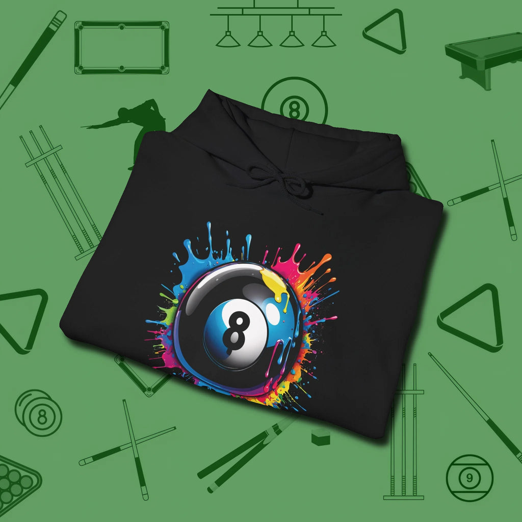 Eight Ball Paint Splash Hoodie, folded view, in Black classic cue style, no gimmicks