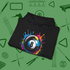Eight Ball Paint Splash Hoodie, folded view, in Black classic cue style, no gimmicks