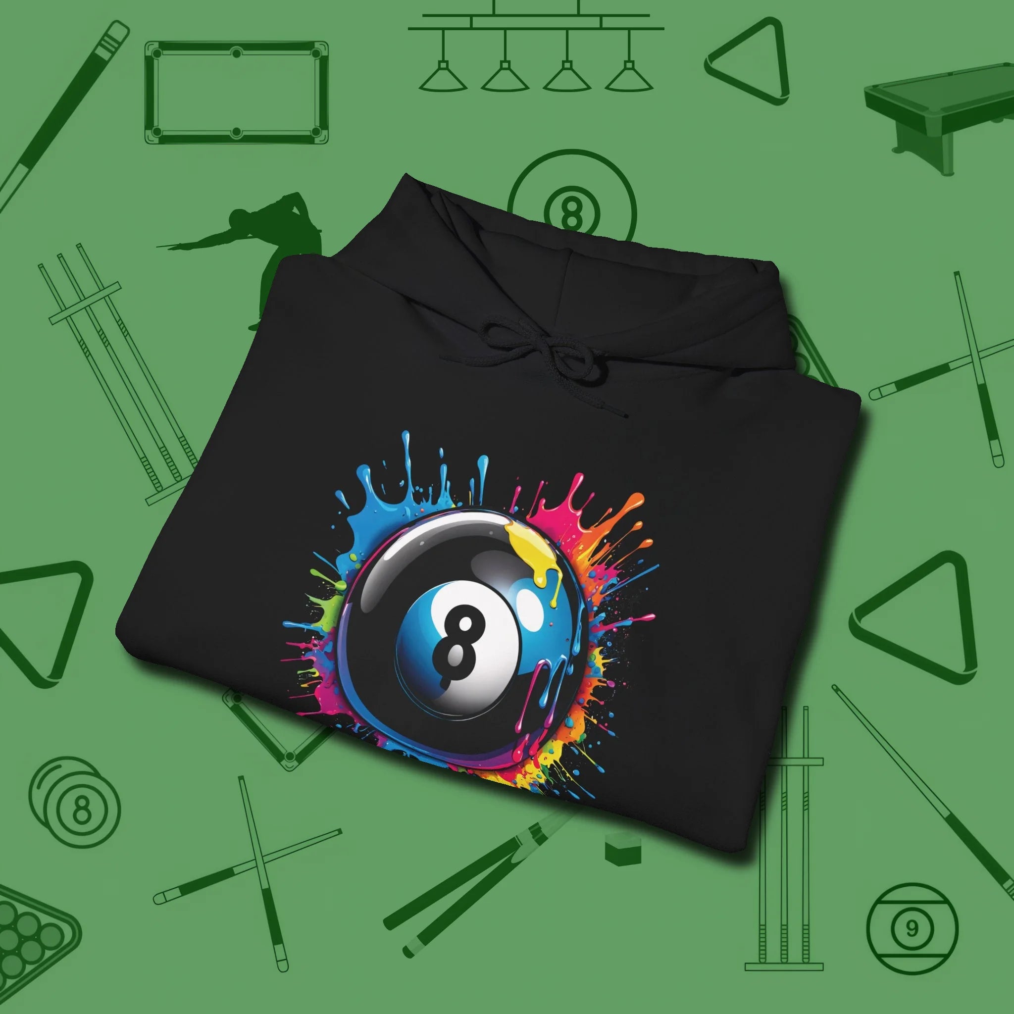 Eight Ball Paint Splash Hoodie, folded view, in Black classic cue style, no gimmicks