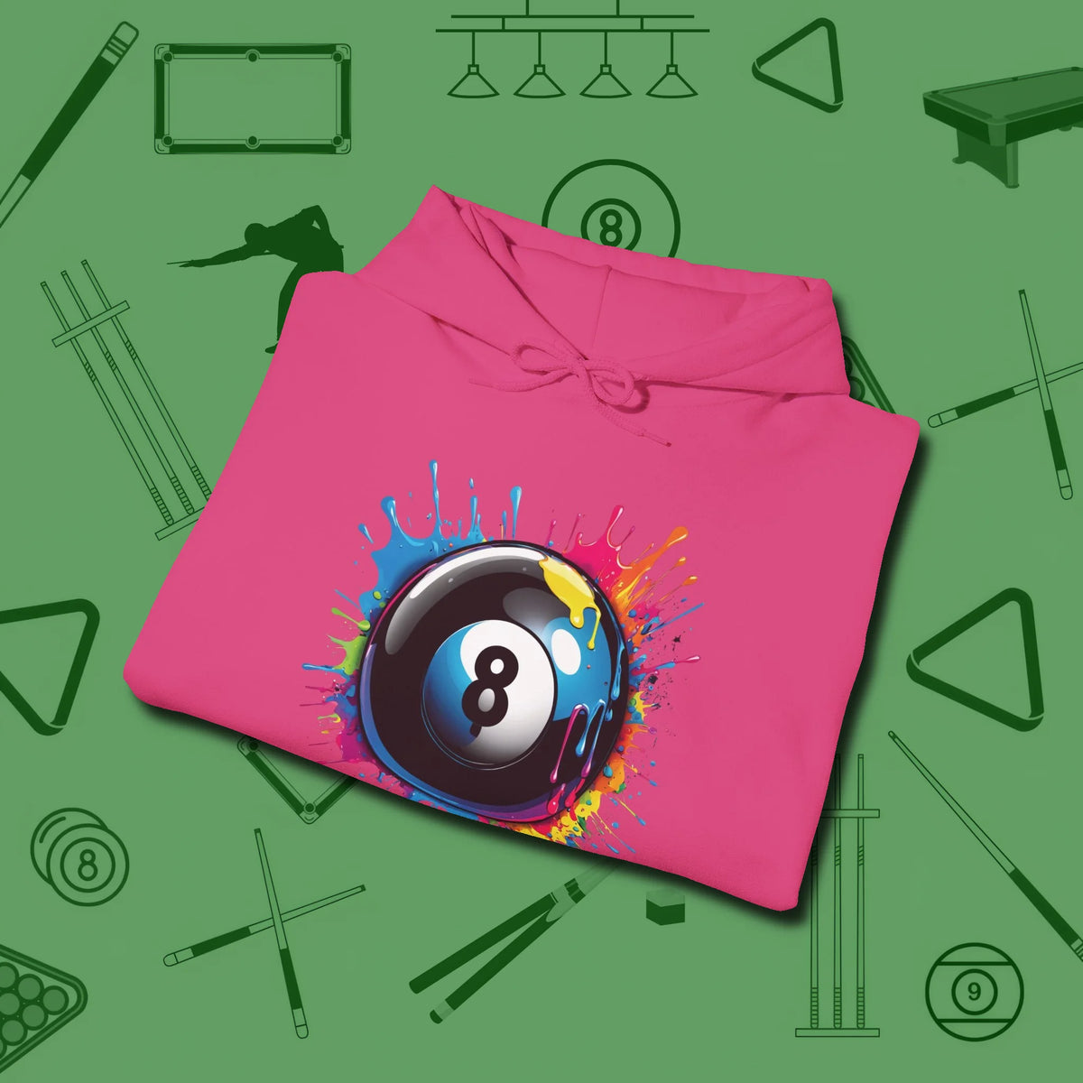 Eight Ball Paint Splash Hoodie, folded view, in Heliconia cool enough for a corner pocket finish