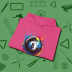 Eight Ball Paint Splash Hoodie, folded view, in Heliconia cool enough for a corner pocket finish