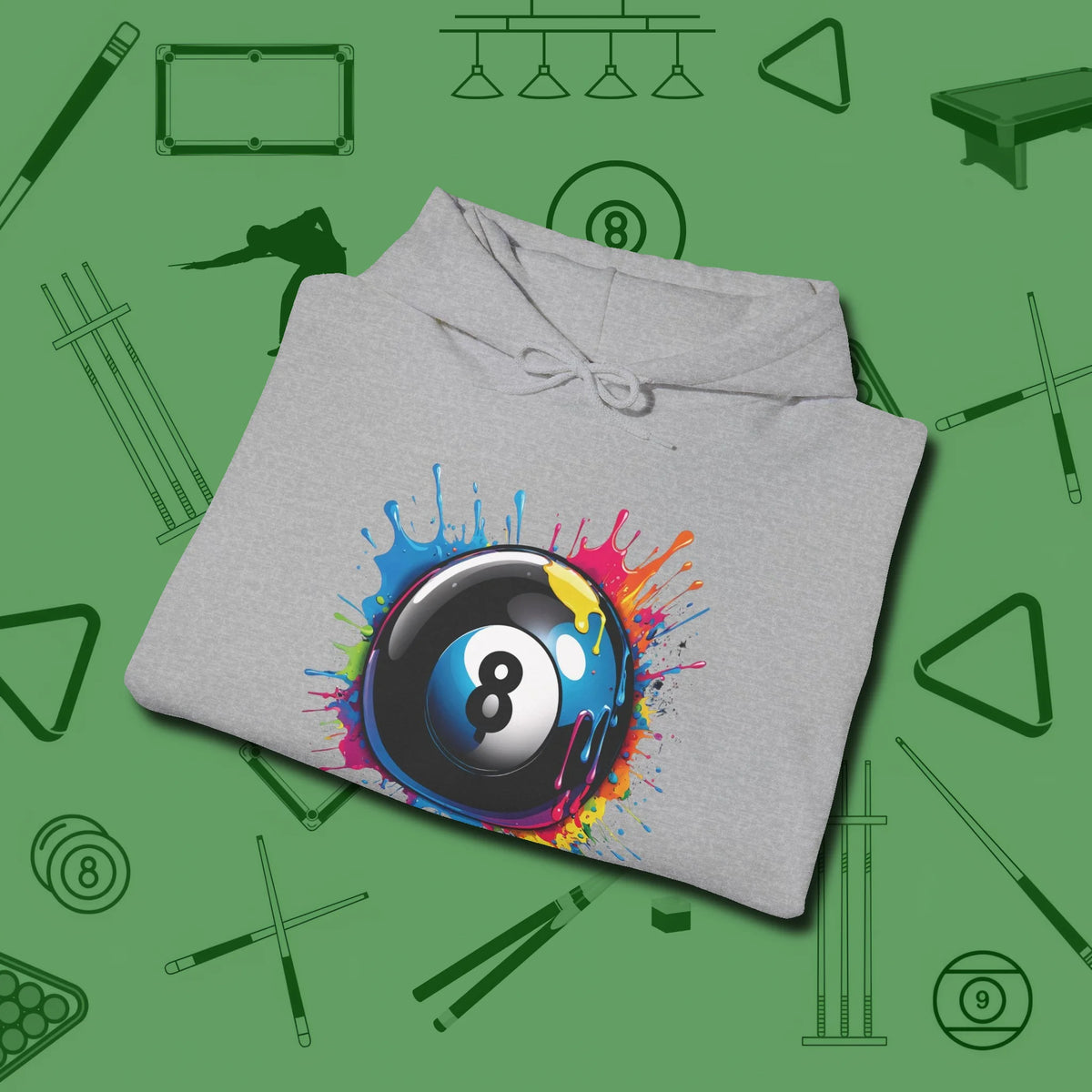 Eight Ball Paint Splash Hoodie, folded view, in Sport Grey the shirt that plays position