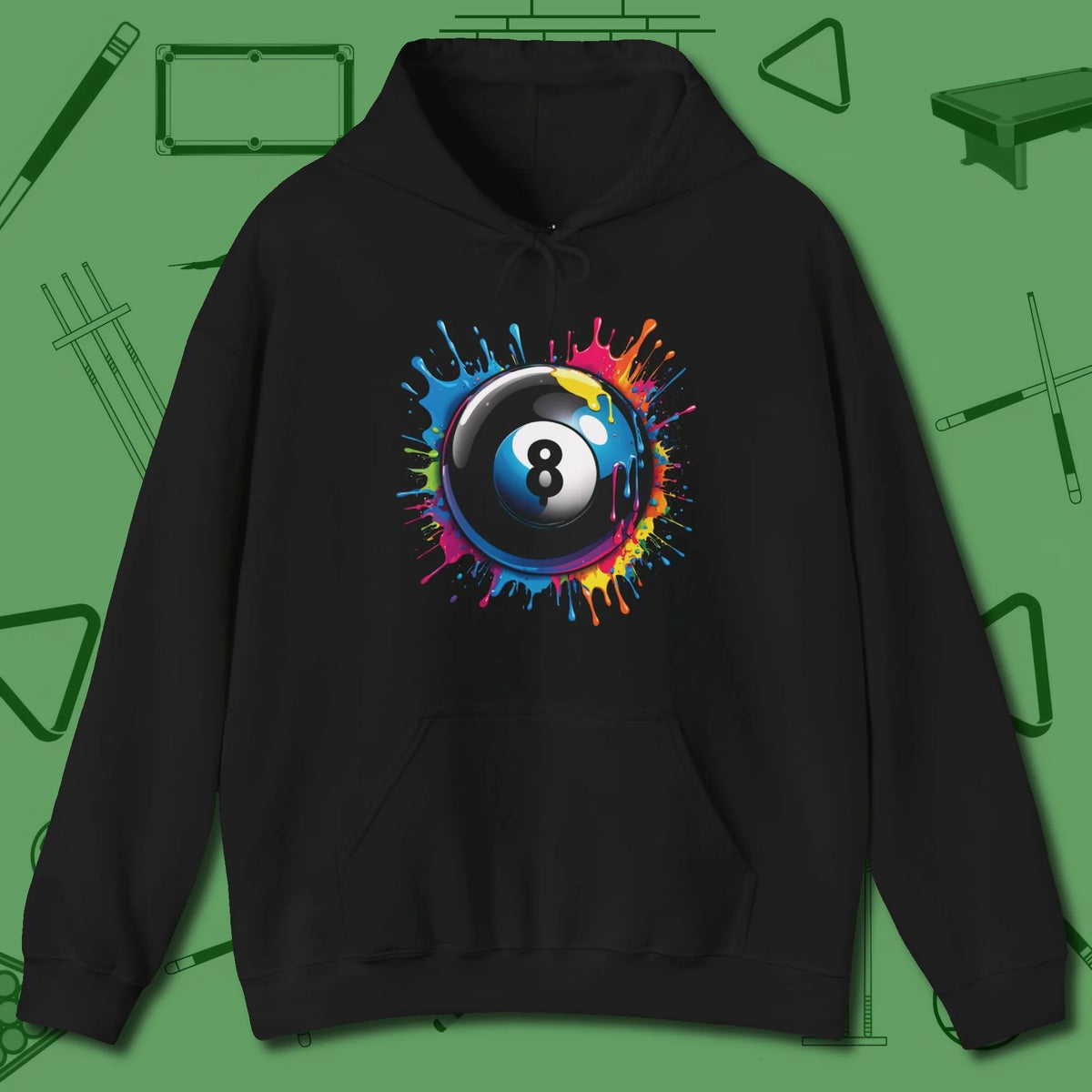 Eight Ball Paint Splash Hoodie, front view, in Black the official uniform of the after-hours crew