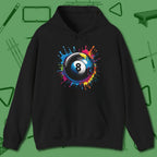 Eight Ball Paint Splash Hoodie, front view, in Black the official uniform of the after-hours crew