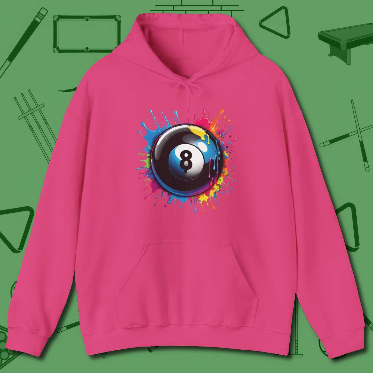 Eight Ball Paint Splash Hoodie, front view, in Heliconia cool enough for a corner pocket finish