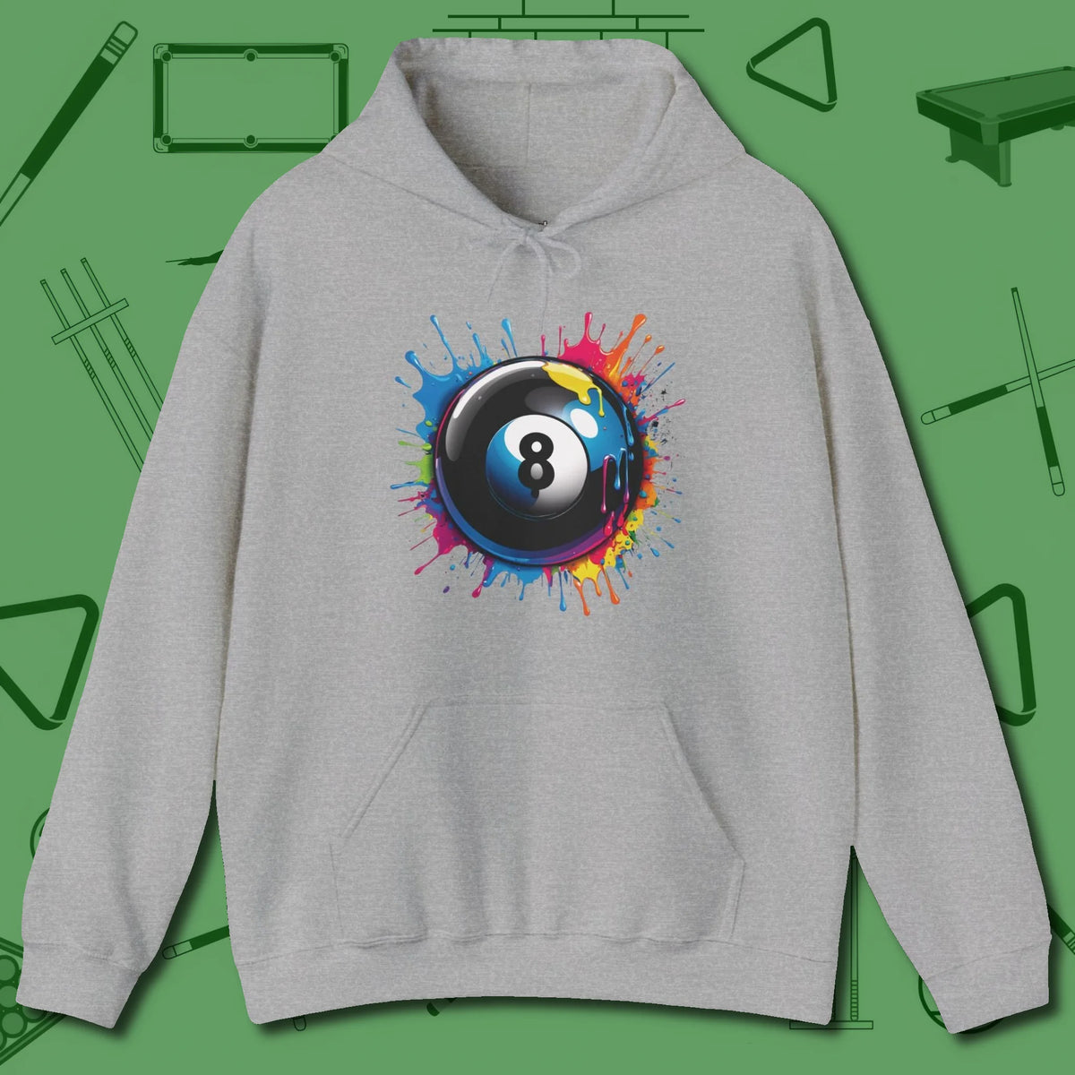 Eight Ball Paint Splash Hoodie, front view, in Sport Grey cue up respect every time you wear it
