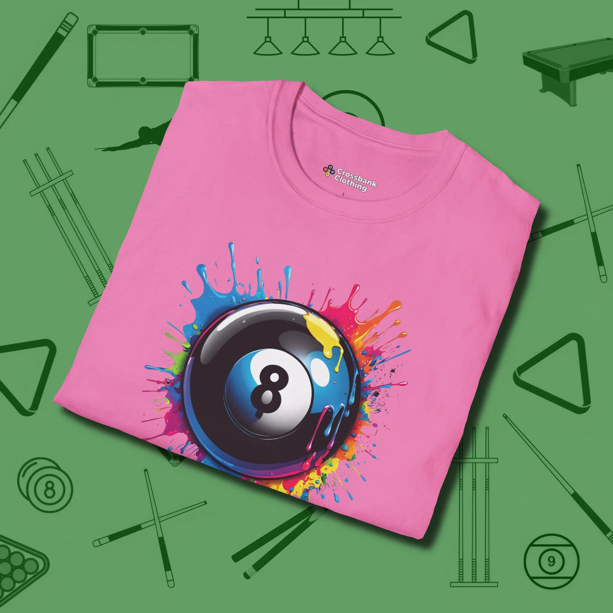 Eight Ball Paint Splash T-Shirt, folded view, in Azalea table-tested, street-approved style