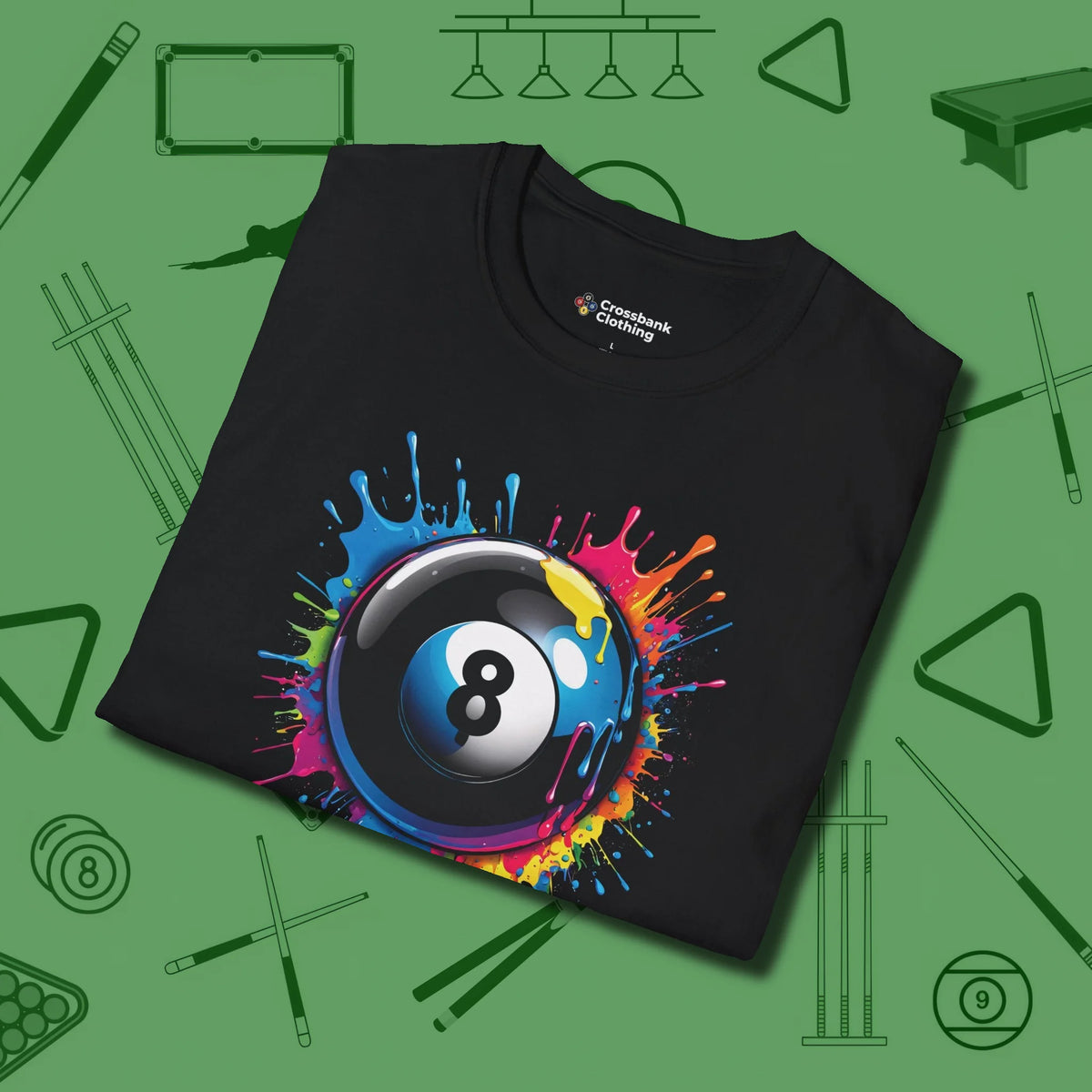 Eight Ball Paint Splash T-Shirt, folded view, in Black style that banks as hard as you do