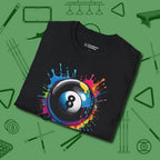 Eight Ball Paint Splash T-Shirt, folded view, in Black style that banks as hard as you do