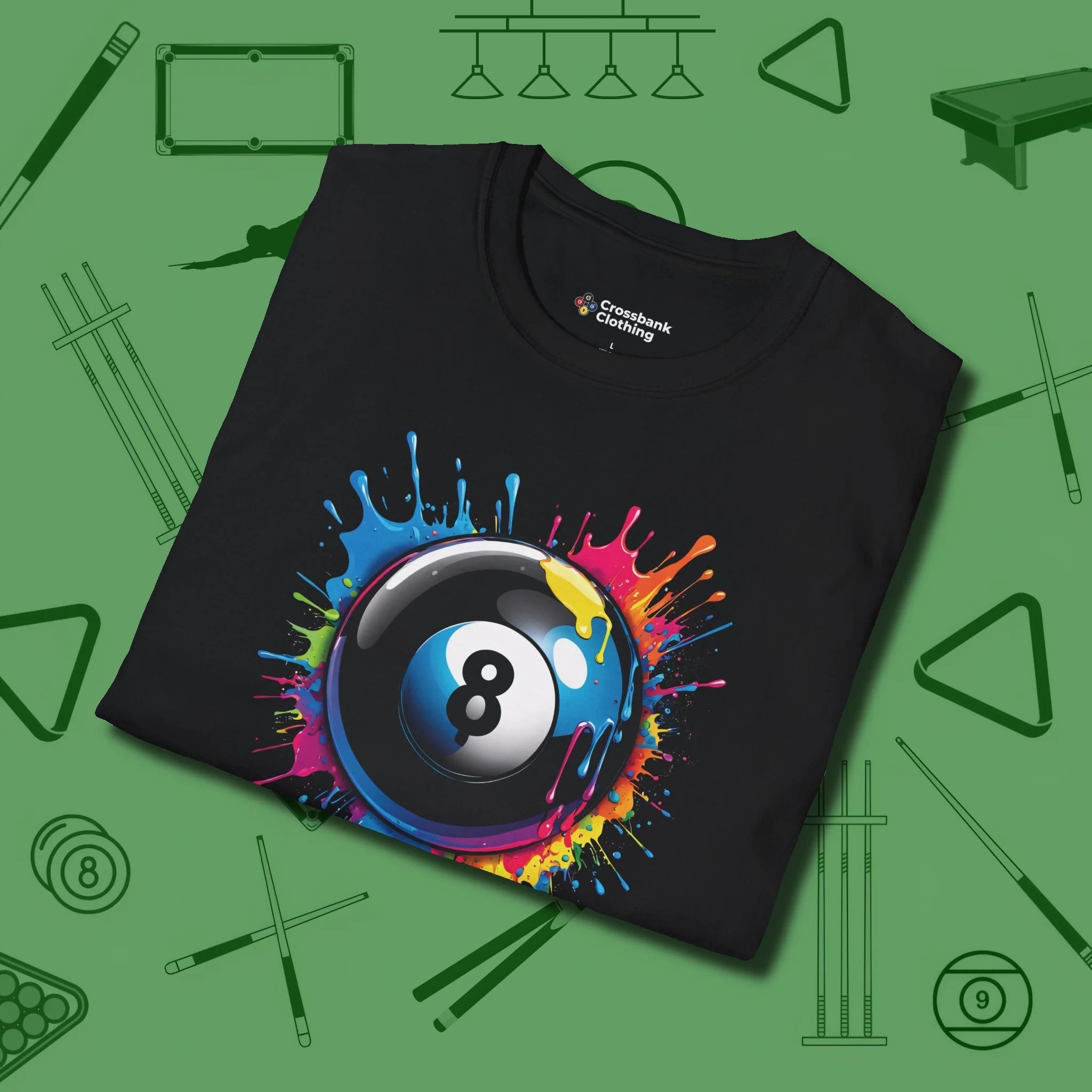 Eight Ball Paint Splash T-Shirt, folded view, in Black style that banks as hard as you do