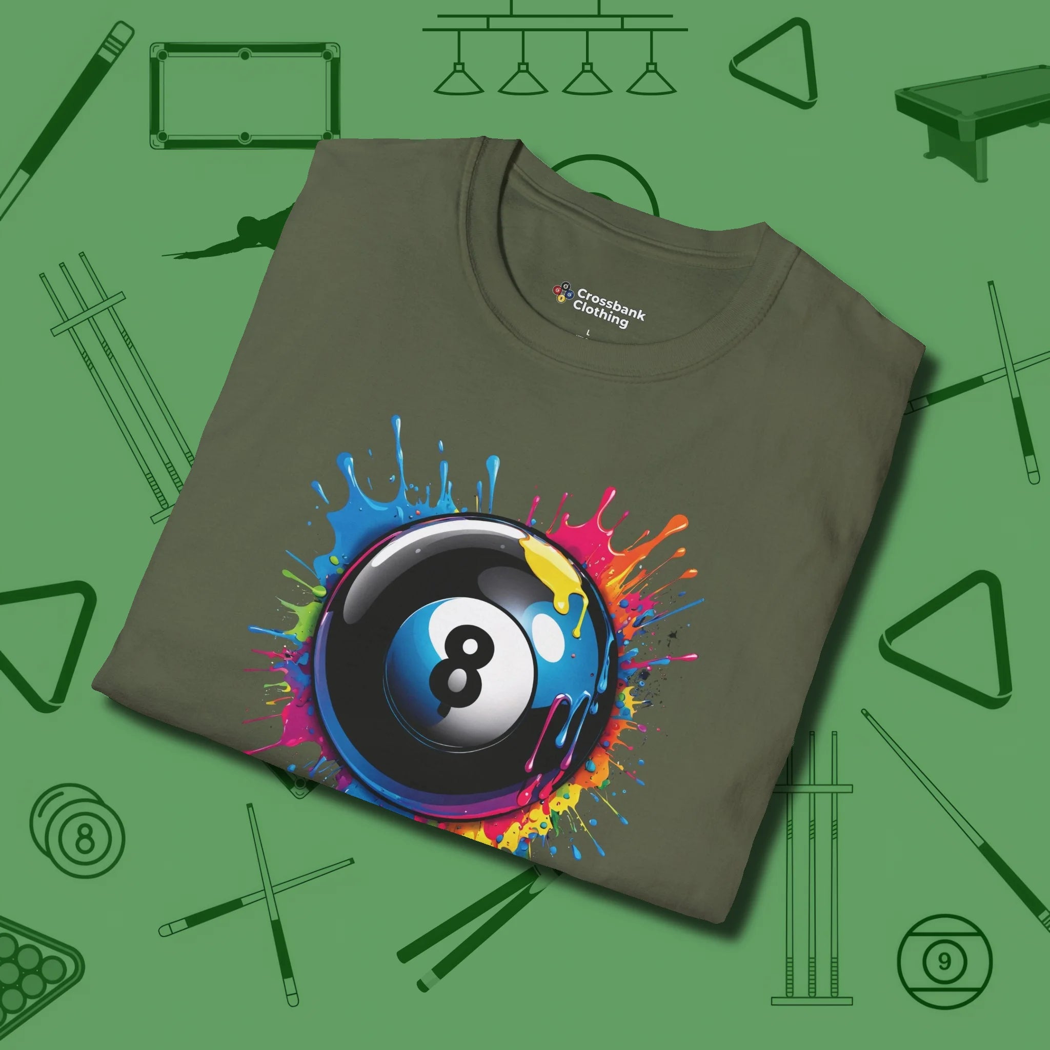 Eight Ball Paint Splash T-Shirt, folded view, in Military Green what champions wear between racks