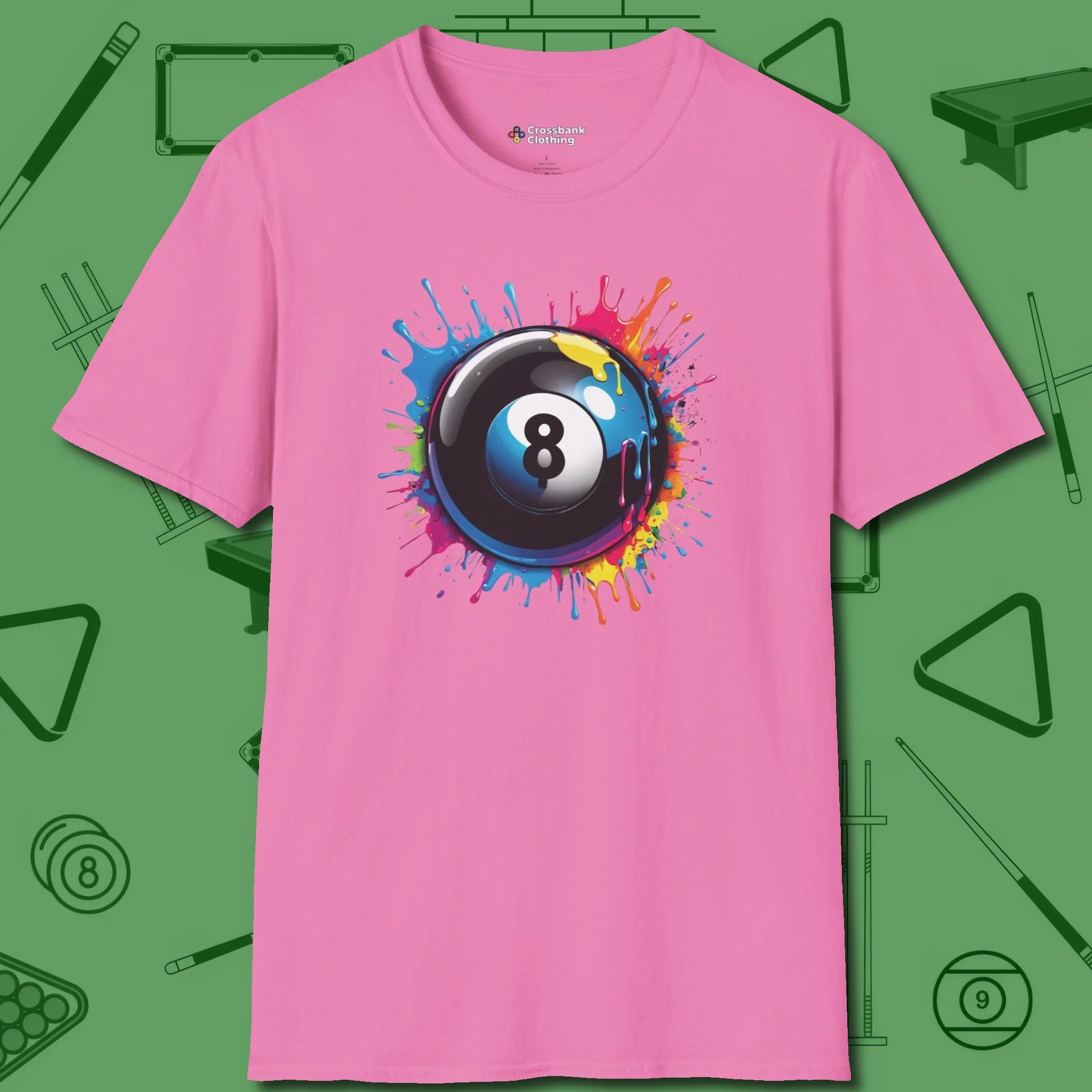 Eight Ball Paint Splash T-Shirt, front view, in Azalea make every shot — and outfit — count