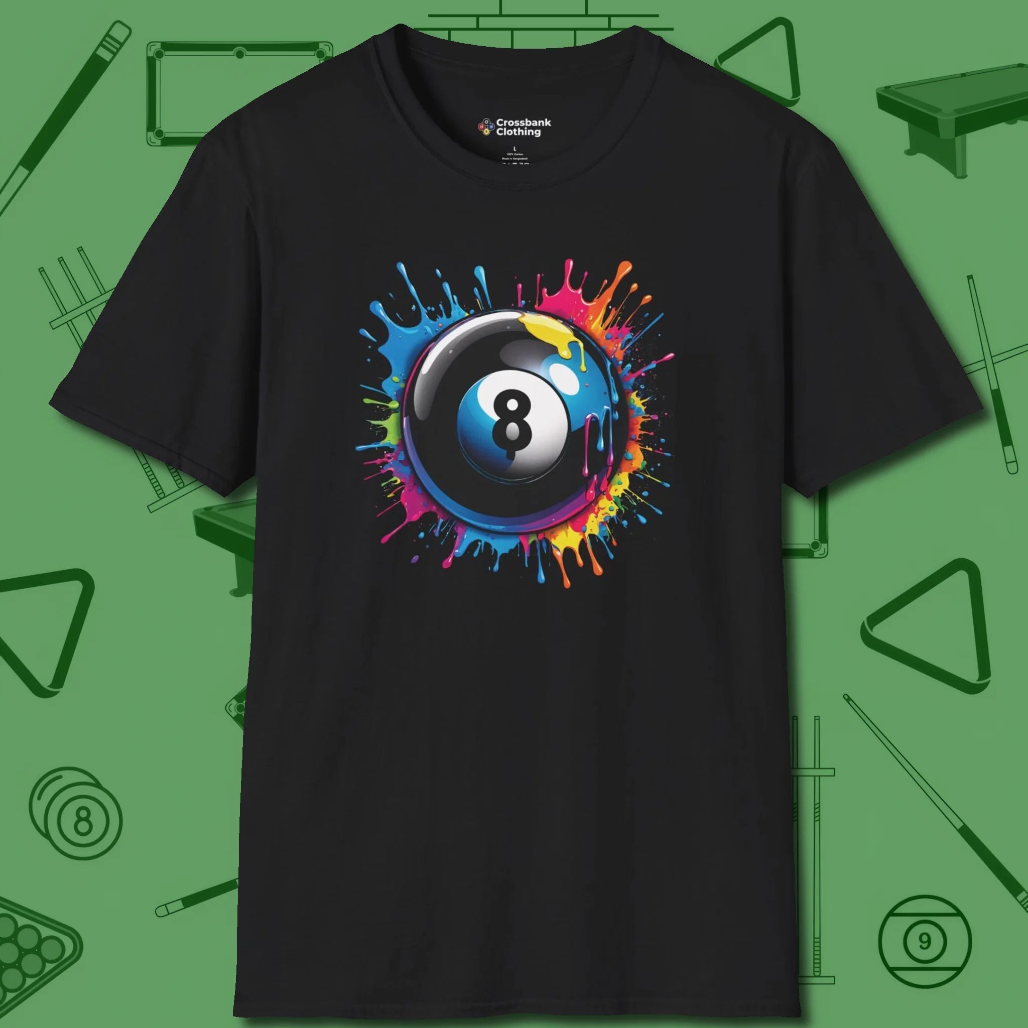 Eight Ball Paint Splash T-Shirt, front view, in Black precise, confident, always in control